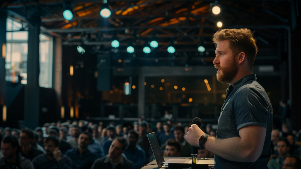 An image showing a guy speaking at a conference.