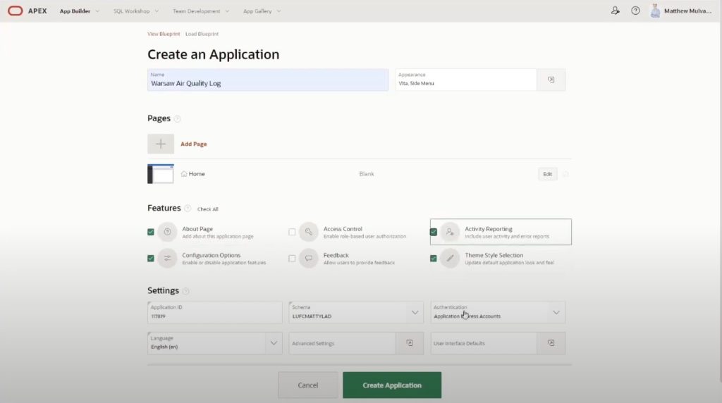 A screen presenting the first step in creating an application in APEX.