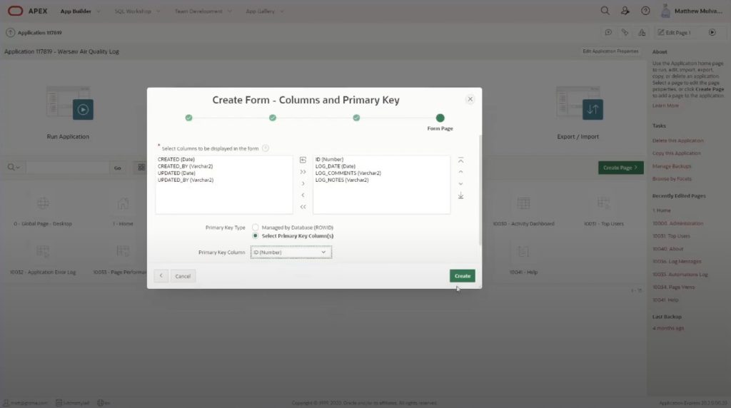 A screen presenting the columns to send.