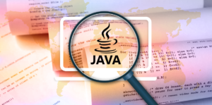 A screen showing Java logo with a looking glass.