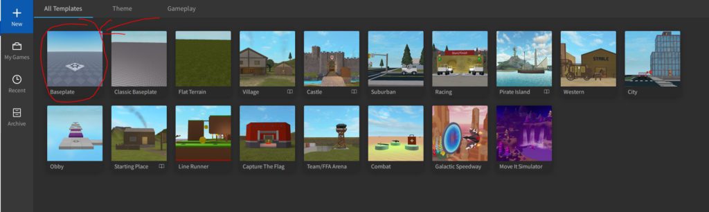 A screen showing templates in Roblox Studio.
