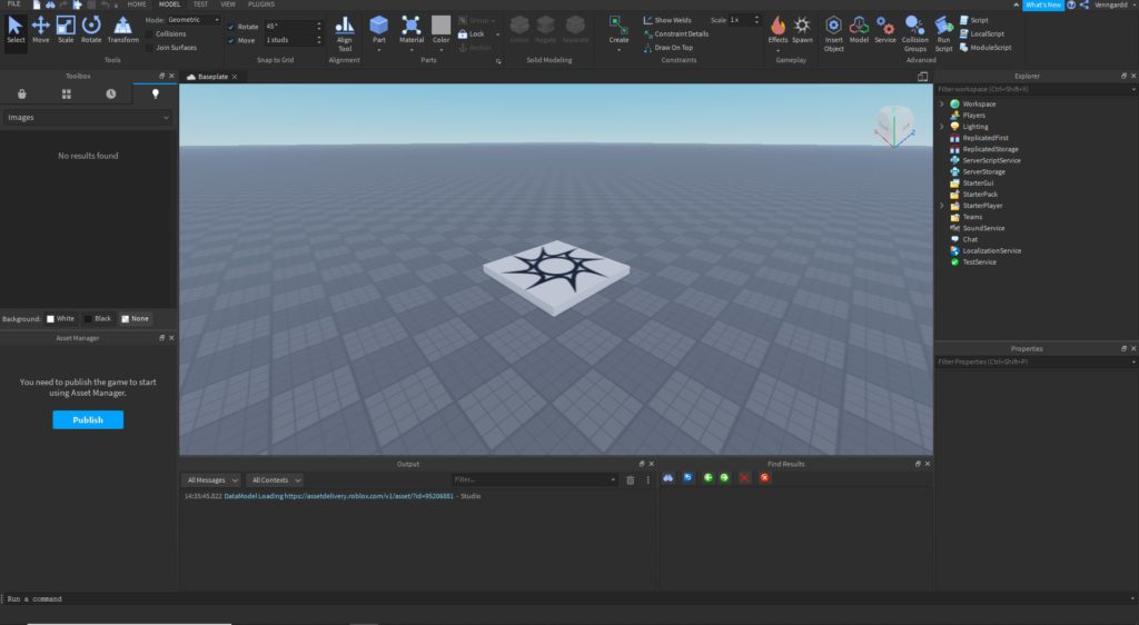 A screen showing workspace in Roblox Studio.