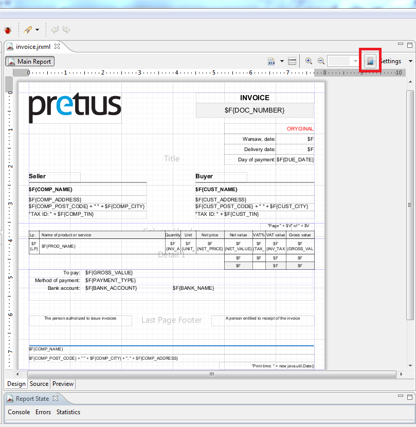 A screen showing how to publishing the invoice template to the JasperReports server.