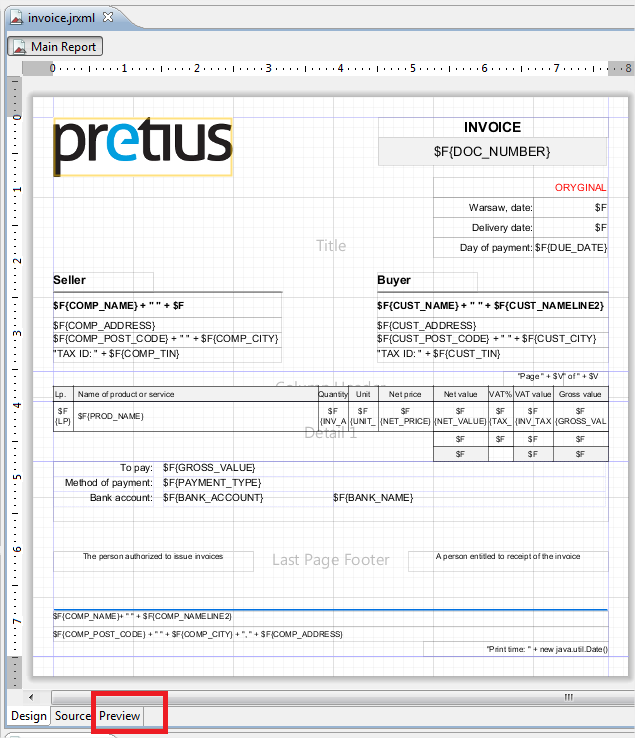 A screen showing a VAT invoice template ready for editing, with a circled invoice preview area.