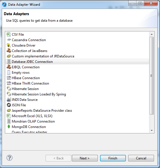 A screen showing how to select a data source in Jaspersoft Studio.