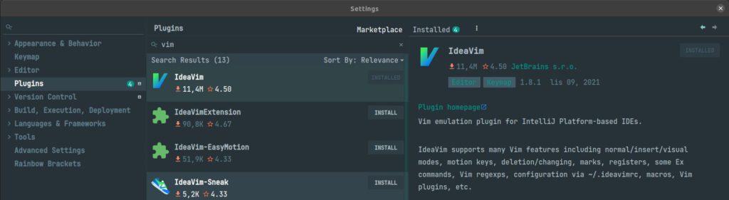 A screen showing how to install the IdeaVim plugin.