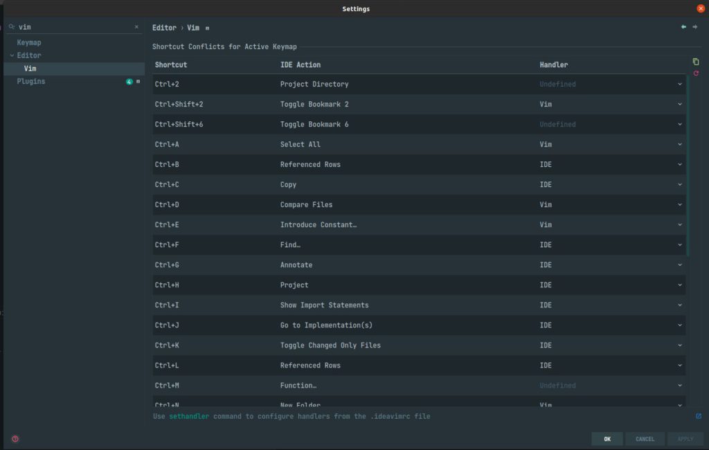A screen showing Vim settings.