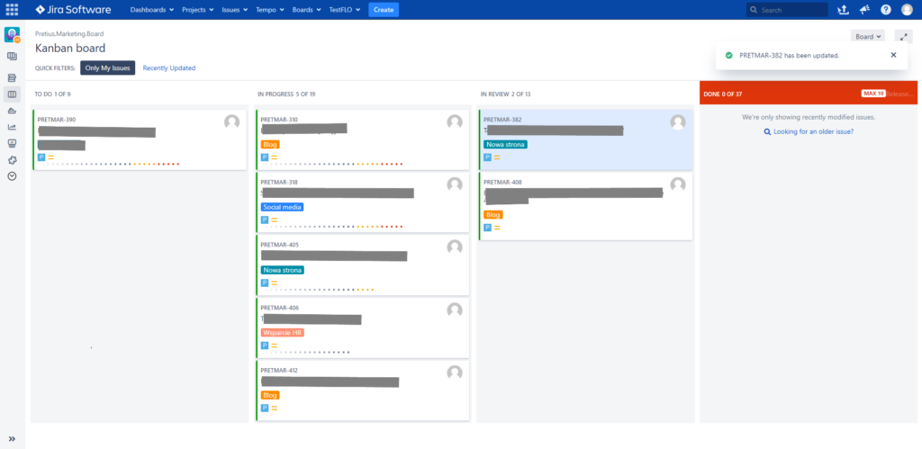 A screen showing Jira's Kanban board (with some redacted fields).