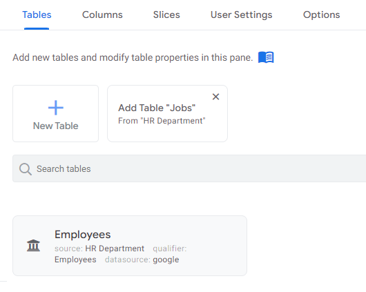 A screen showing how to add new tables.