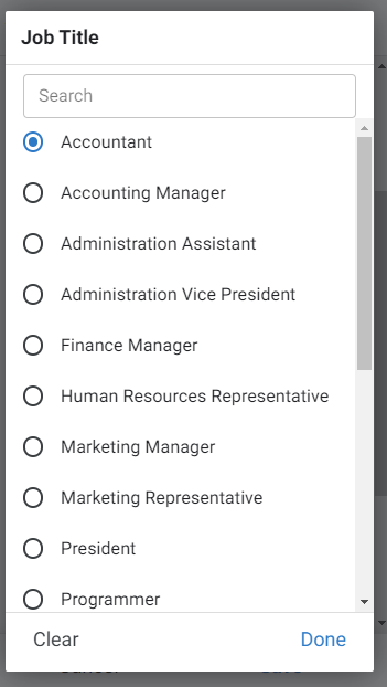 A screen showing job title selection.
