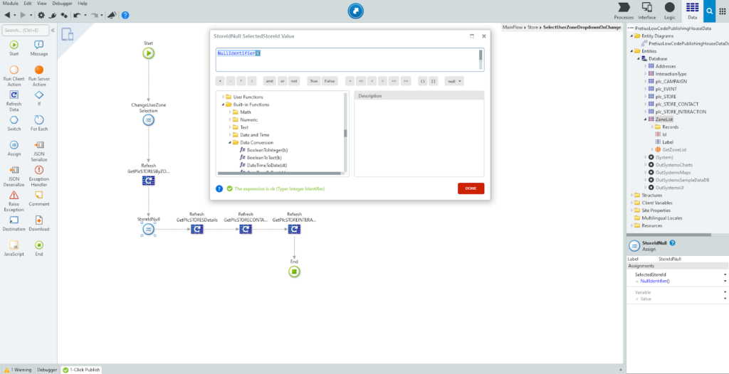 An image showing Null Values and in-built functions in OutSystems.