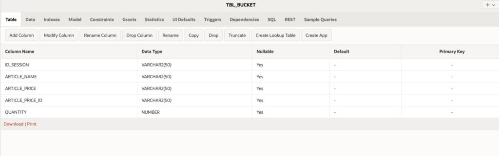 A screen showing the TBL_BUCKET table.
