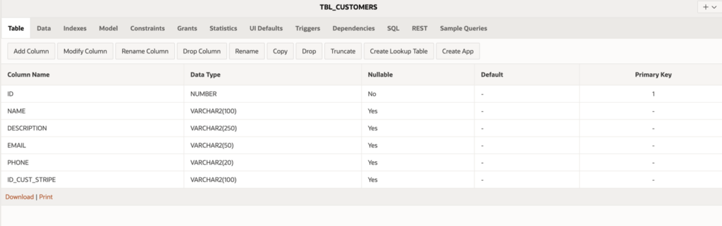 A screen showing the TBL_CUSTOMERS table.