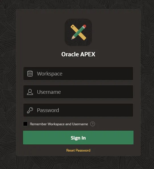 A screenshot showing APEX login screen.