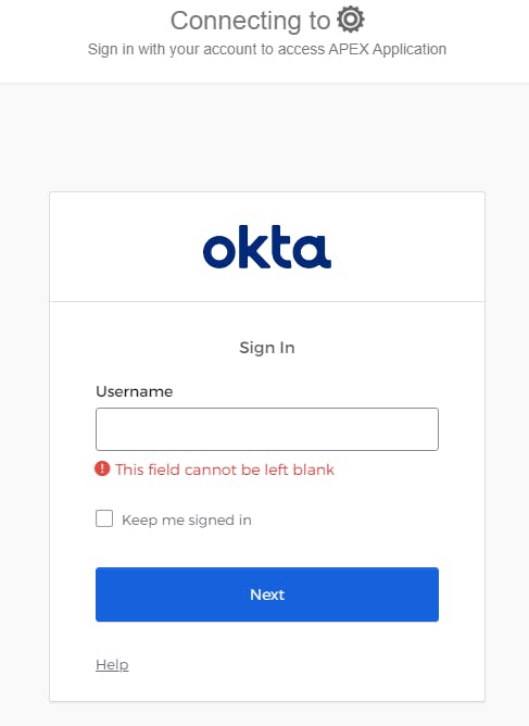 A screenshot showing OKTA login screen.
