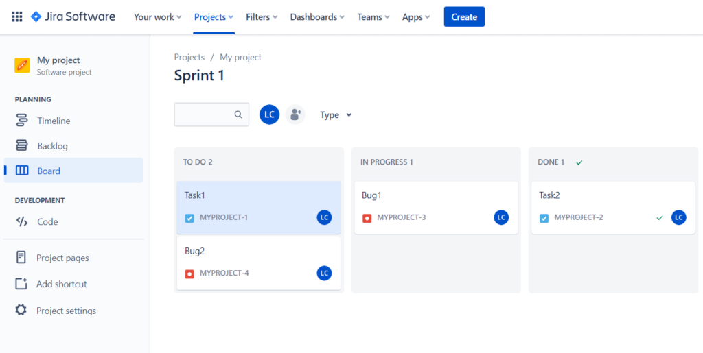 A screen showing the project in Jira.