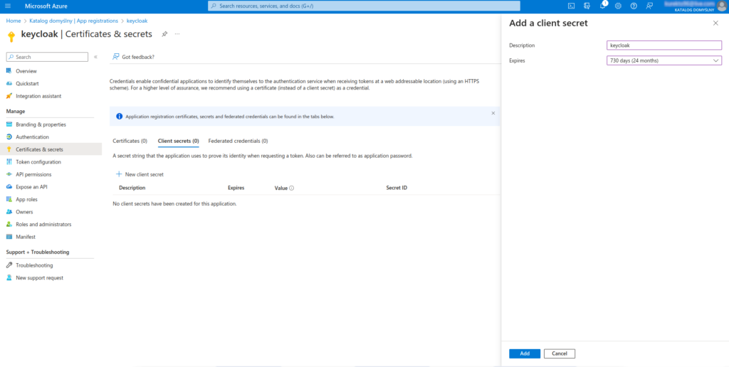 A screen showing Azure AD settings.