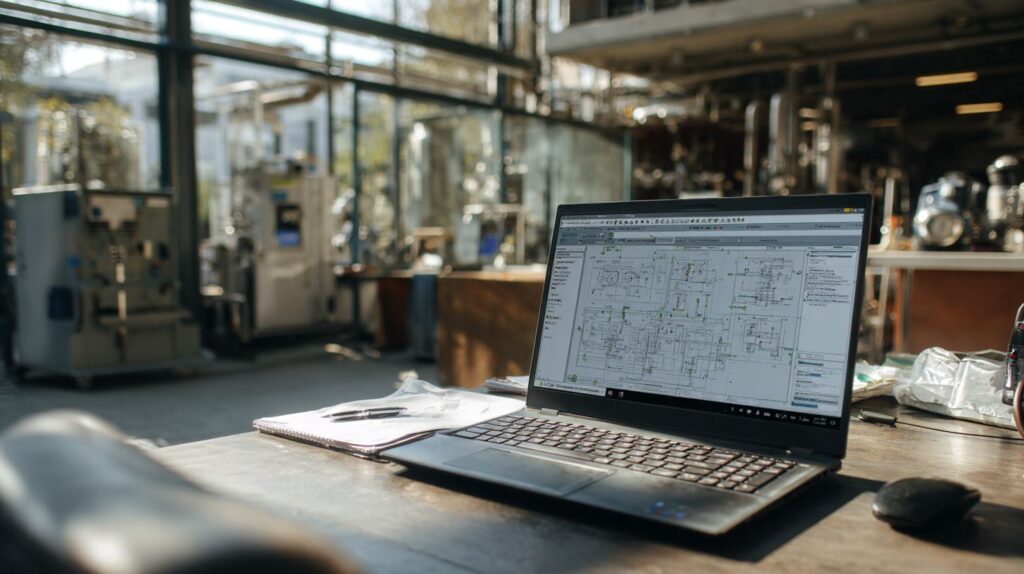 A screen showing a laptop in an office.