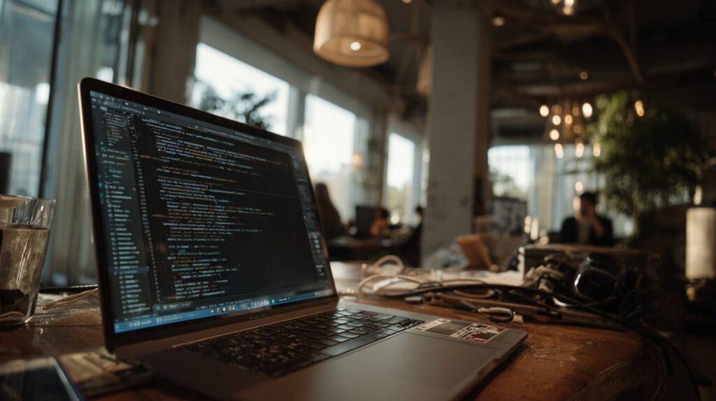 A laptop with some code on screen.