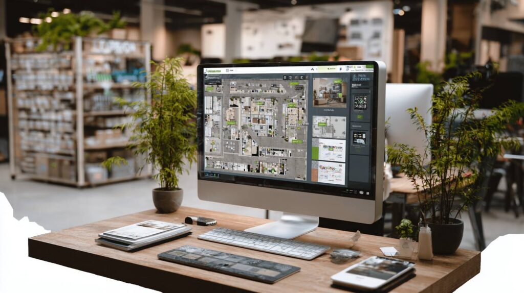 A computer screen with a store layout visible.